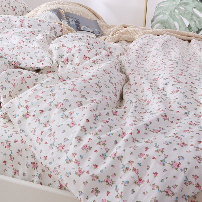 米白底小碎花床单被罩四件套田园公主秋冬床上4件套全棉少女