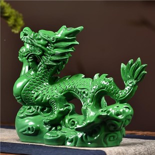 绿色木头龙居摆件实木质雕刻十二工生肖龙客厅办公新业开029送礼