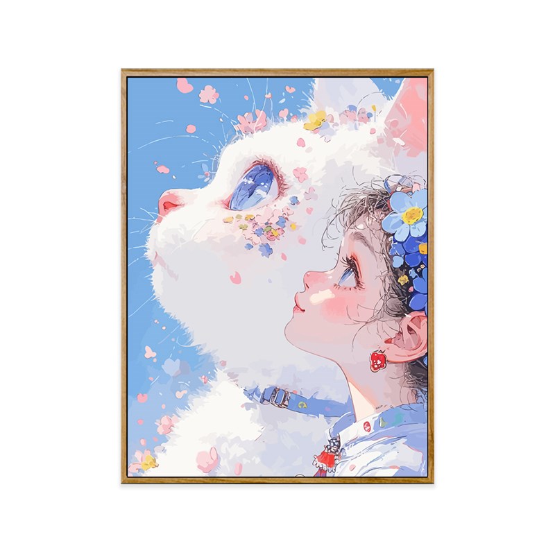女孩和猫宫崎骏风diy数字油画手绘丙烯填充填色成人解闷卡通装饰图片