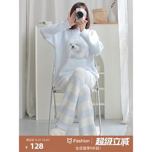 卡通小狗加厚加绒半边绒睡衣女冬季2025新款珊瑚绒家居服冬天套装