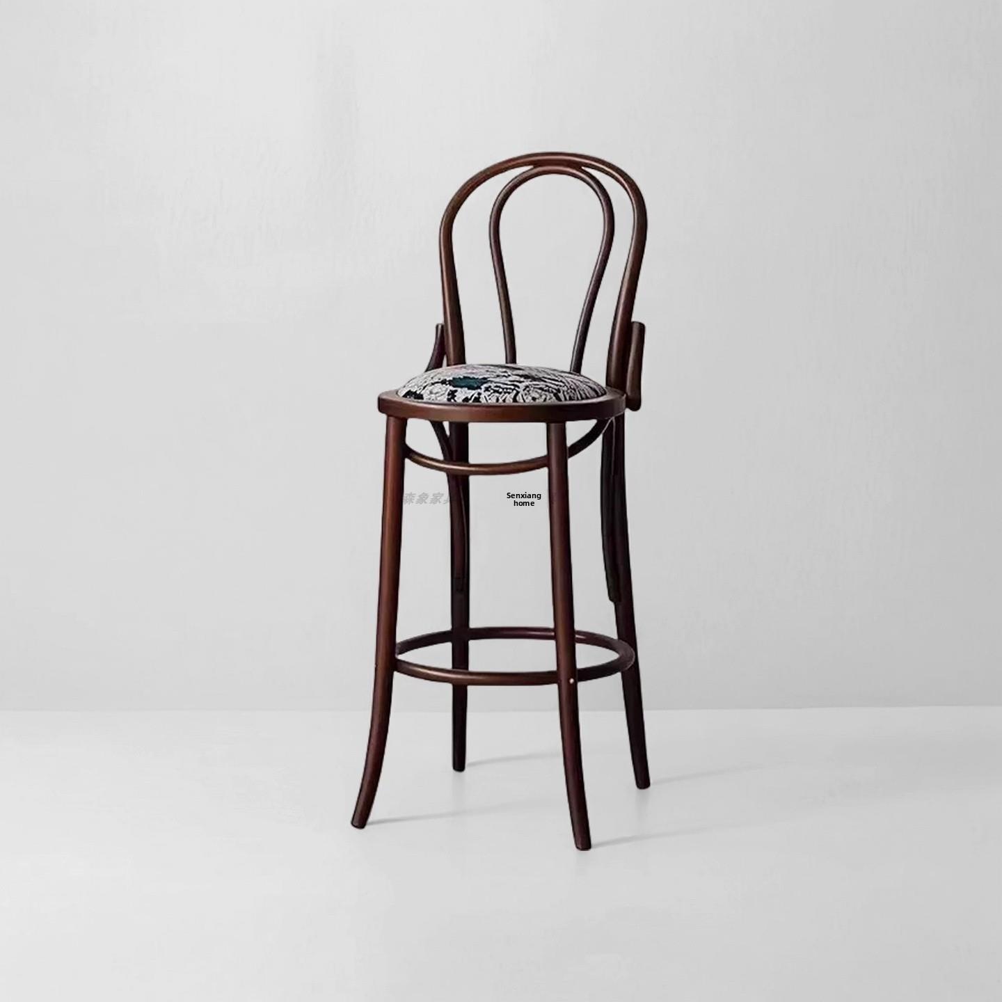 法式实木高脚椅中古风岛台吧凳家用餐厅吧台椅索耐特软包印花吧椅