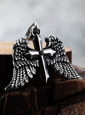 天使之翼翅膀吊坠十字架项链男款欧美潮流时尚复古毛衣链子装饰品