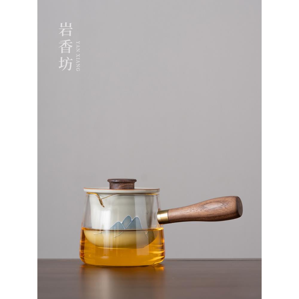 岩香坊草木灰手绘山水釉下彩玻璃侧把壶陶瓷家用茶壶中式泡茶壶