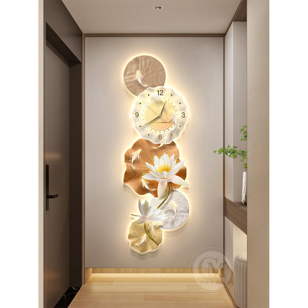 轻奢现代入户玄关装饰画九鱼图带钟表高档挂画走廊过道荷花壁灯画