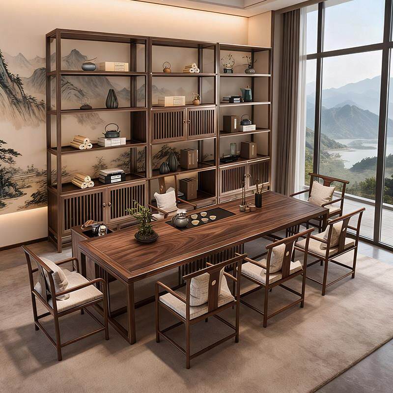 胡桃木带茶盘茶桌椅洽谈办公室实木大板长方形家用茶几新中式茶台