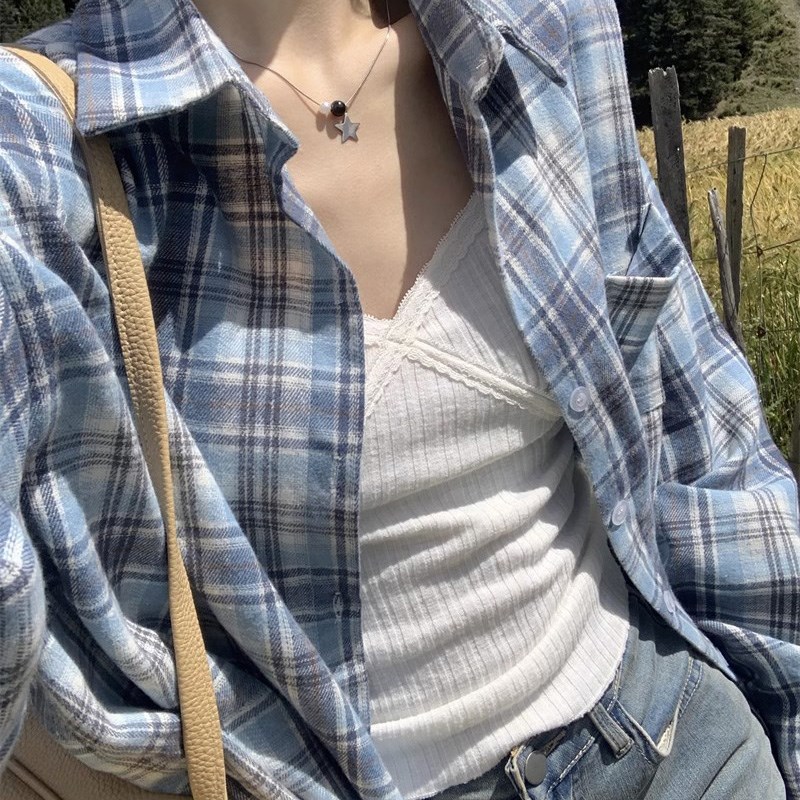 复古蓝色格子宽松长袖衬衫女中长款秋季新款bf风休闲衬衣上衣外套