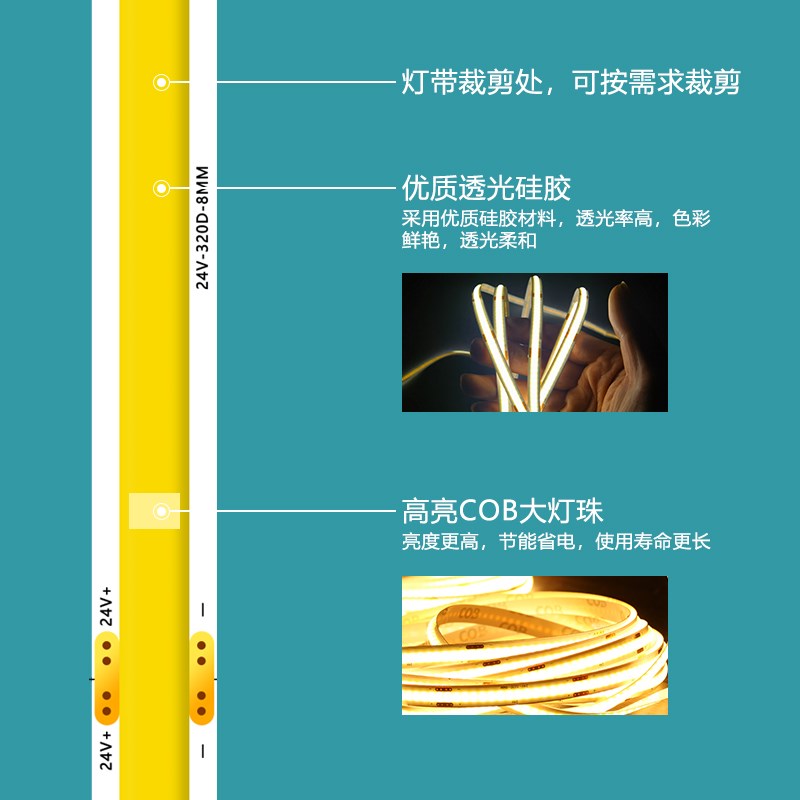 cob灯带24v低压柔性自粘家装吊顶橱柜超亮嵌入式铝槽led线形灯条