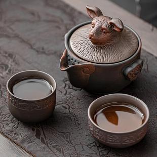 家用茶具茶宠旅行便携办公室泡茶壶中式 十二生肖全套装 紫陶快客杯