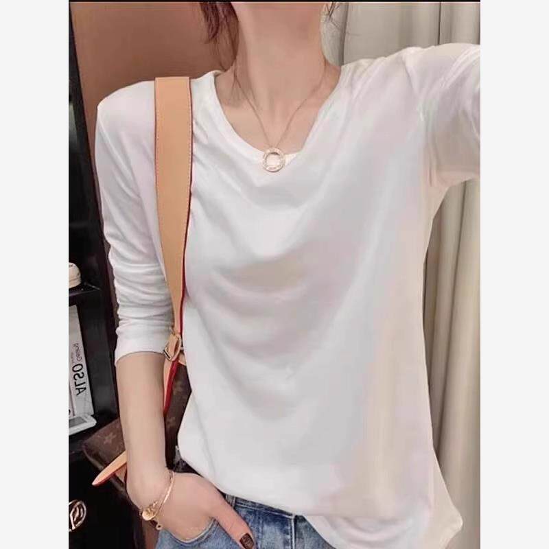 纯棉白色正肩长袖T恤女2025秋季新款大码胖mm显瘦百搭高级感上衣
