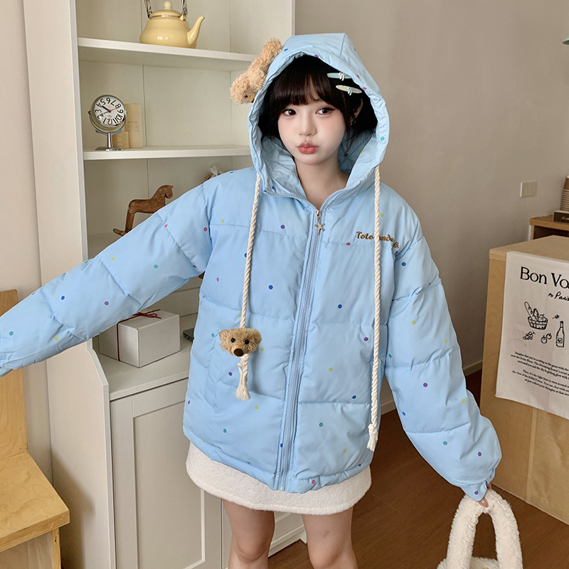 文文不乖原创可爱波点立领棉服设计感小熊宽松冬季棉衣女面包服