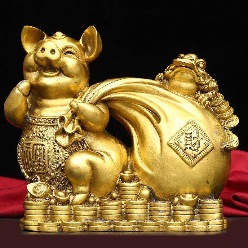 铜器猪拉财钱袋猪桌面摆件铜器生肖猪金钱猪家居客厅酒柜装饰品