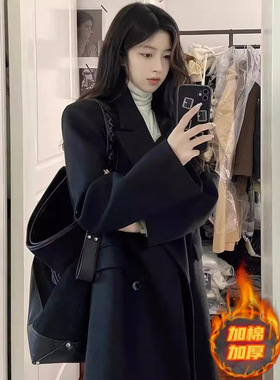 黑色赫本风毛呢外套女款秋冬加厚高级感2024新款小个子中长款大衣