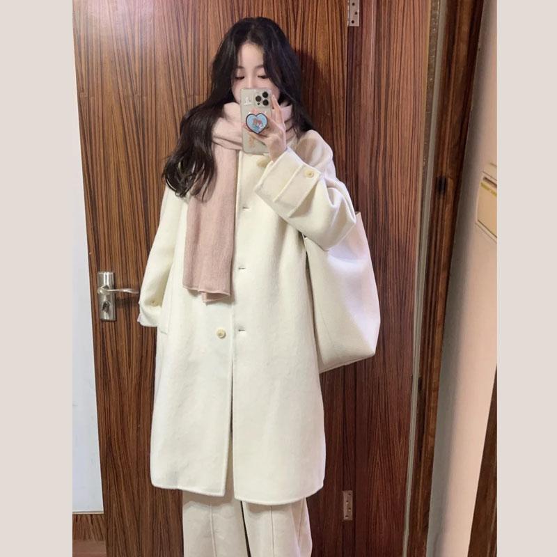 白色呢子大衣女2024新款秋冬高级感毛呢外套韩系小个子中长款气质