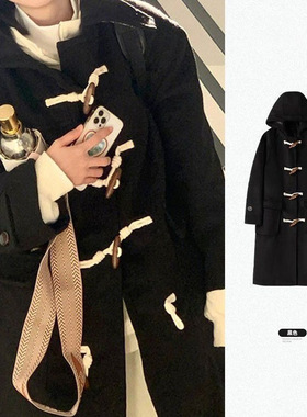 牛角扣黑色毛呢大衣女秋冬2025新款中长款学院风连帽呢子外套加厚