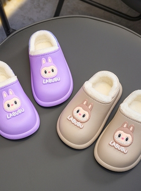 拉布布儿童防水棉拖鞋包跟男女宝宝居家外穿保暖防滑加绒卡通棉鞋