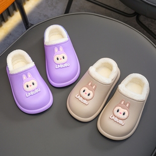 拉布布儿童防水棉拖鞋包跟男女宝宝居家外穿保暖防滑加绒卡通棉鞋
