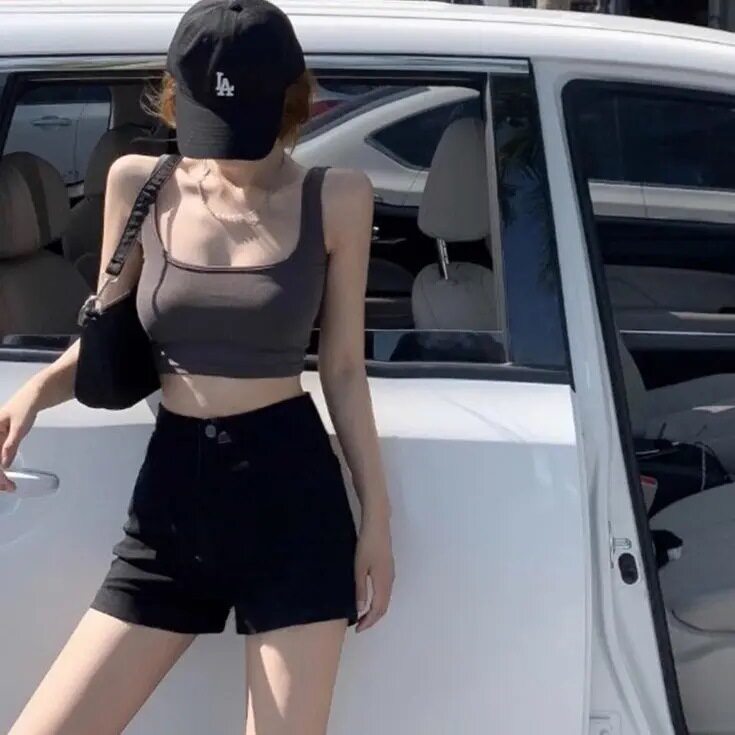 潮牌黑色牛仔短裤女夏季高腰显瘦辣妹弹力收腹紧身a字户外裤