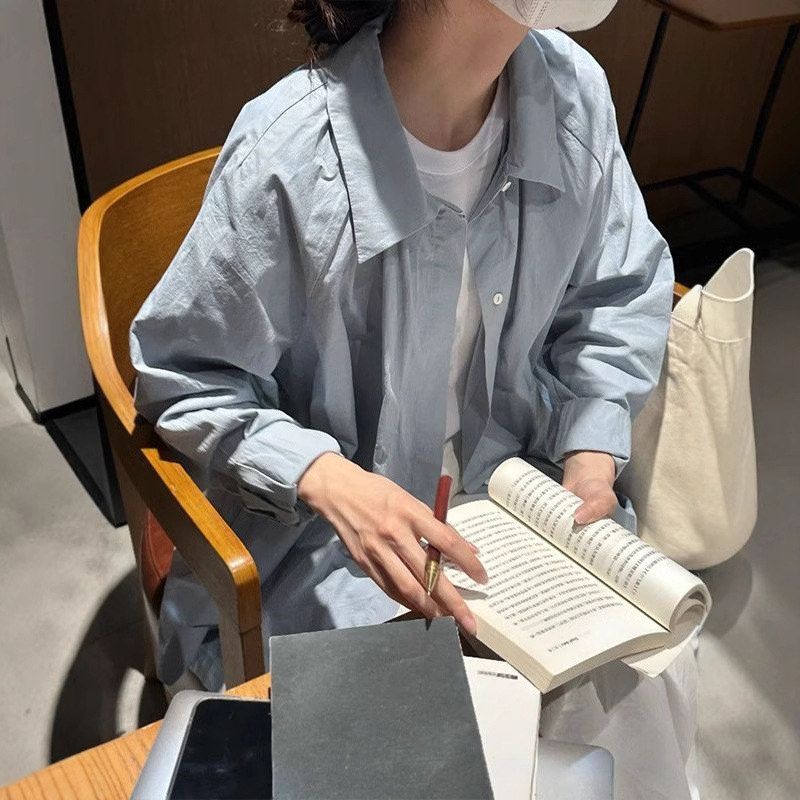衬衫潮衬衣学院风复古女蓝色韩系休闲日系纯色bf上衣宽松简约百搭