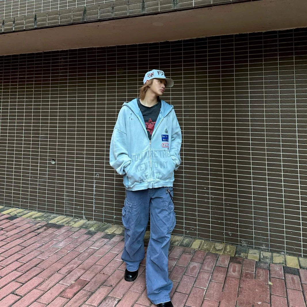 Play Hollywood 拉链帽衫 洗褪蓝色 Cortis马丁同款水洗蓝做旧日