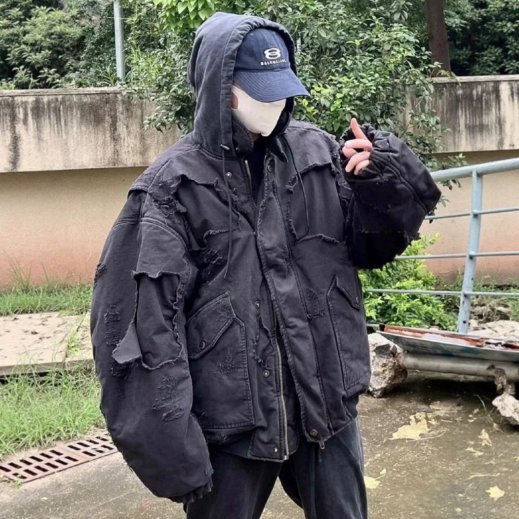 broken moon自主黑色重工破坏水洗做旧拉链卫衣连帽夹克棉服外套
