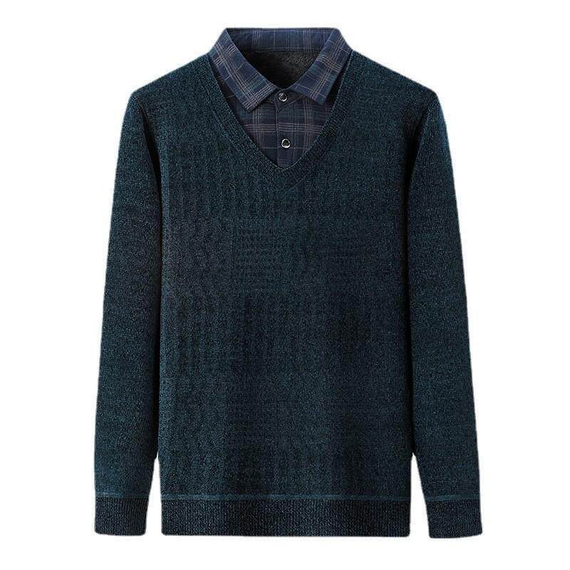 冬季男装假两件T恤加绒加厚中年男士保暖上衣服爸爸装雪尼尔毛衣