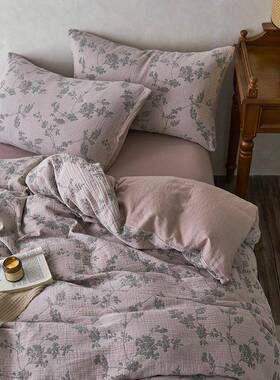 全棉三提层纱花四件套A类纯棉色双层纱织保暖亲肤透气棉JOJ纱布套