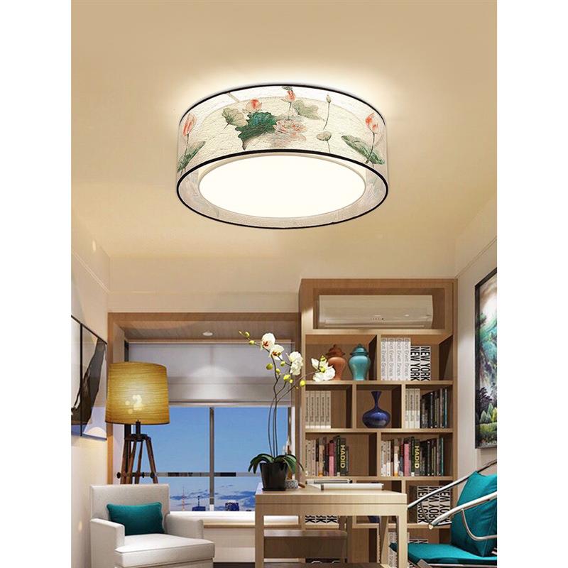 新中led吸顶主卧室灯IBH圆形中灯国风大气现式代简约灯餐厅刺绣布