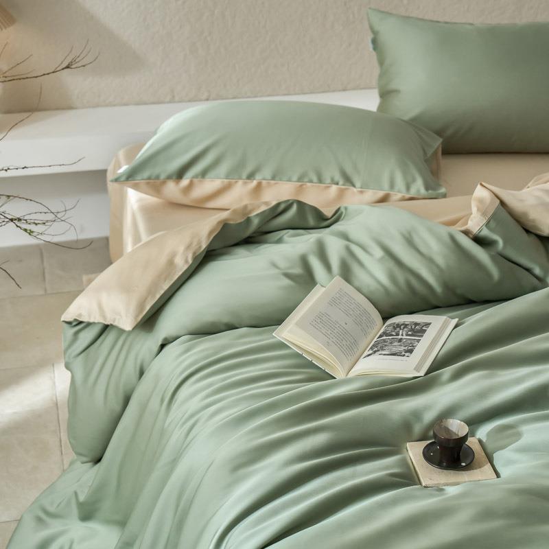 简约纯色94080支丝棉天四件套冰丝夏季裸睡款床单被套三件套床笠