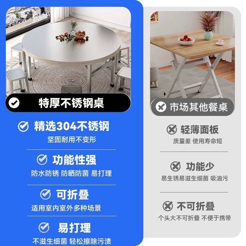 特厚304不锈钢圆桌可折叠桌子户外经济型家用餐桌出租房吃饭圆台