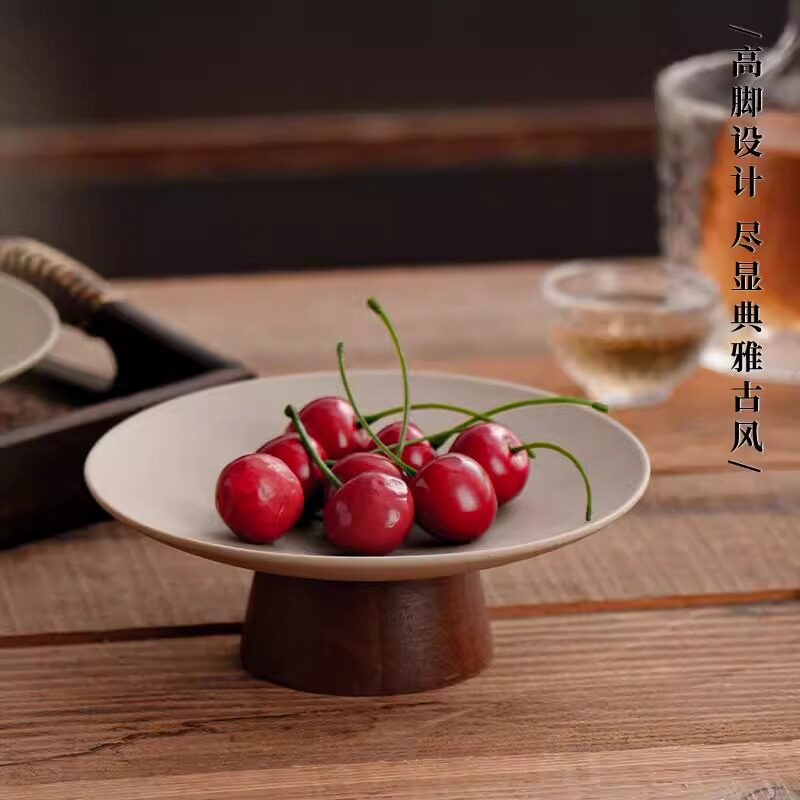 中式果盘禅意陶土粗陶瓷糕点零食点心精致茶点水果盘高脚客厅家用