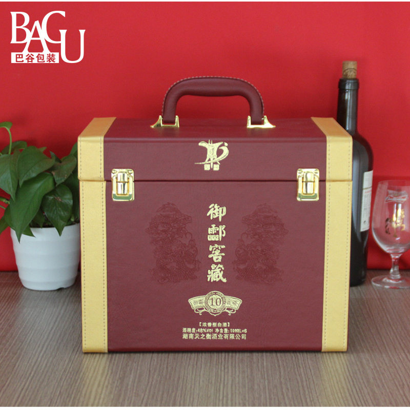 义乌厂家新款拼接六支白酒盒 皮质白酒包装盒批发 白酒皮箱