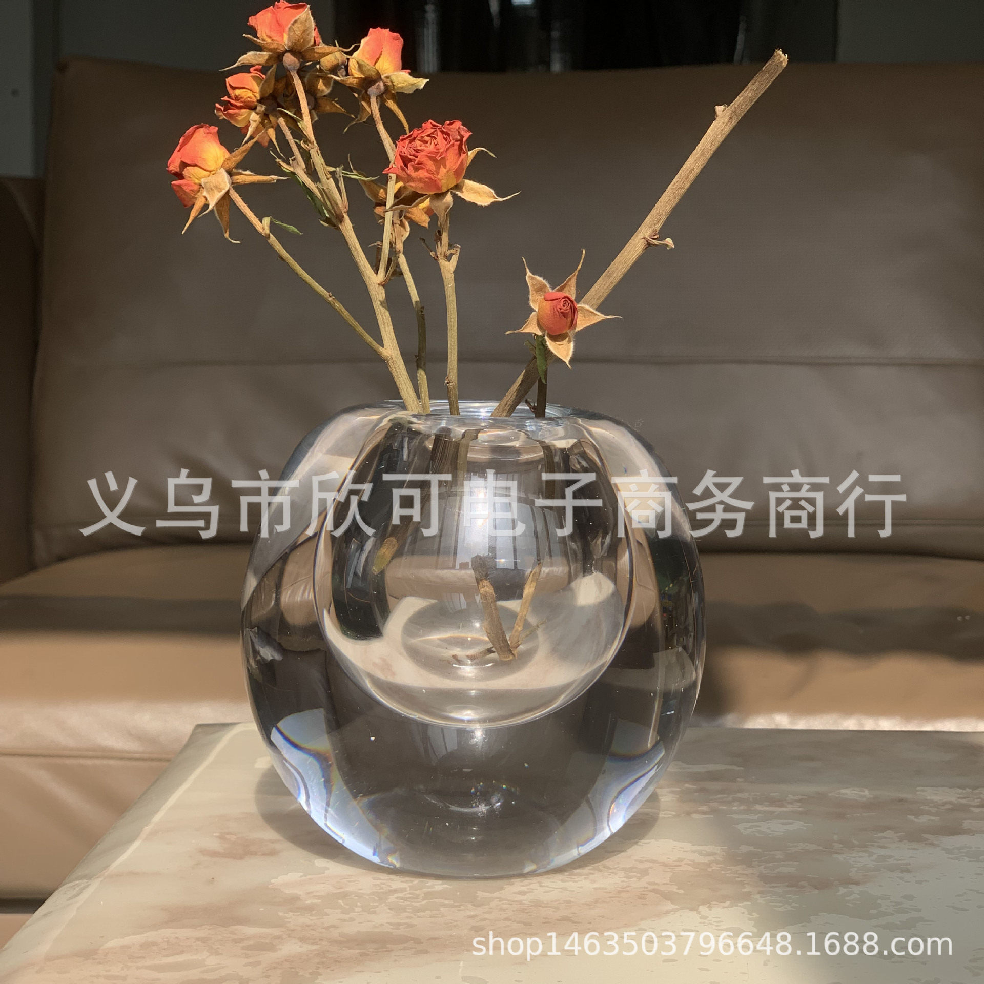 现代简约琉璃透明厚重圆球餐桌装饰花瓶客厅水培花器摆件