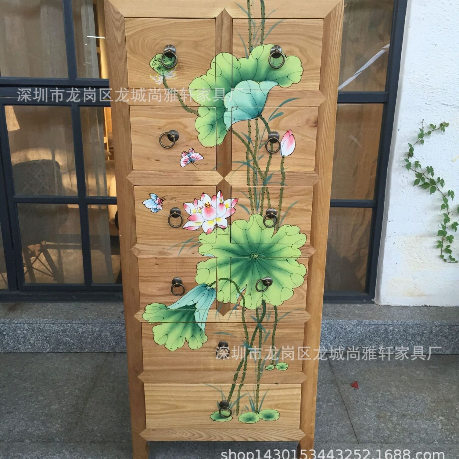 香樟木实木斗柜新中式家用酒店储物柜鞋柜创意手绘荷花卧室收纳柜