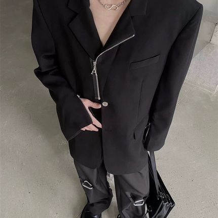 小众设计感金属拉链西服外套男简约高级感白N色西装宽松廓形上衣