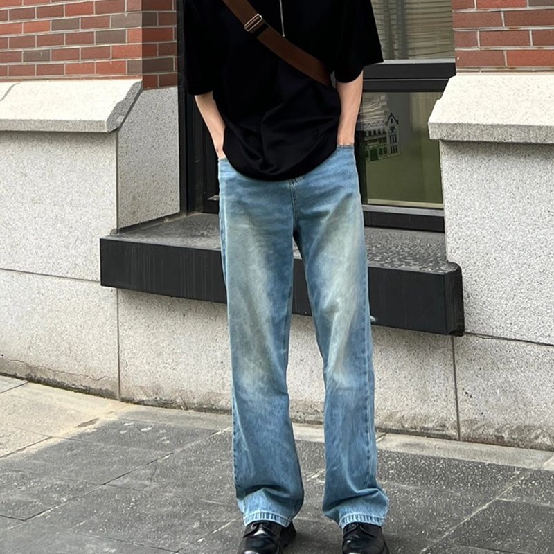 夏季薄款牛仔裤h男百搭长裤国潮黄泥染直筒裤修身阔腿高街拖地裤