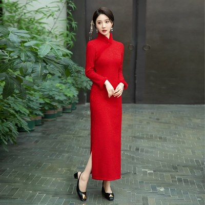 改良红色旗袍女新款2024秋冬款新年冬季L加绒加厚婚宴敬酒服礼服