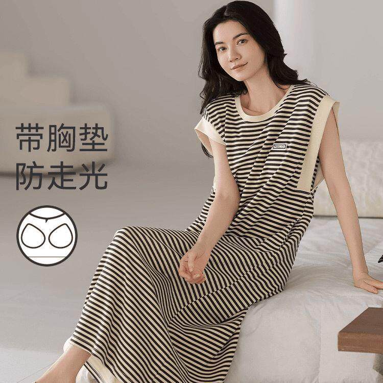 夏季睡衣无袖条纹睡裙自带胸垫2025新款睡裙可外穿女简约家居服Q
