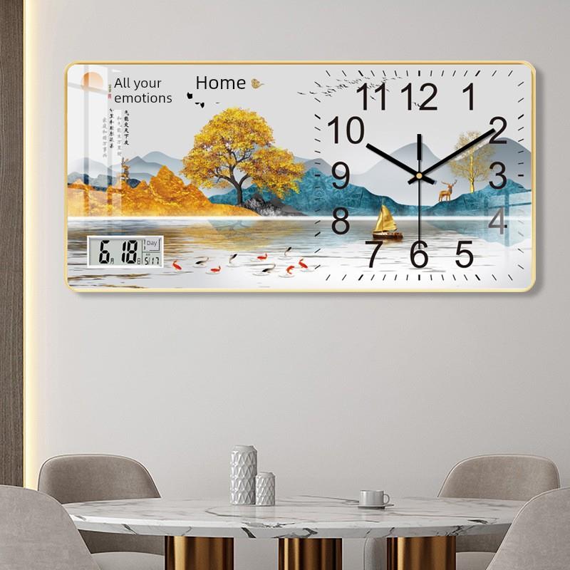 家和万世兴钟表万年历指针挂钟免打孔客厅带日历温度中式静音挂画