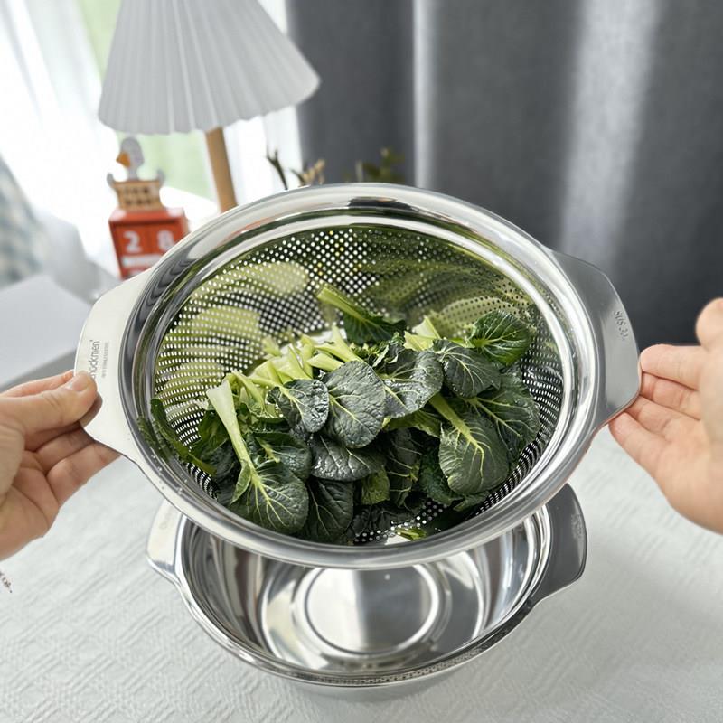 出口英国304不锈钢沥水篮套装洗菜盆淘米盆水果篮两件套家用圆形