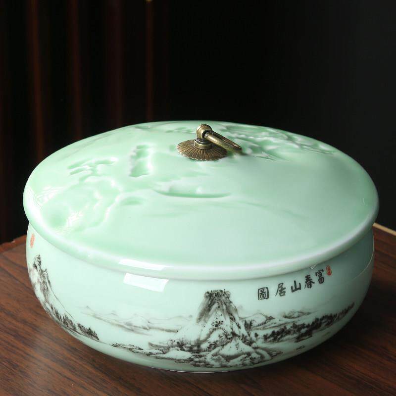 青瓷大号带盖茶洗陶瓷茶渣缸家用水洗茶杯盆器皿茶具配件水盂笔洗