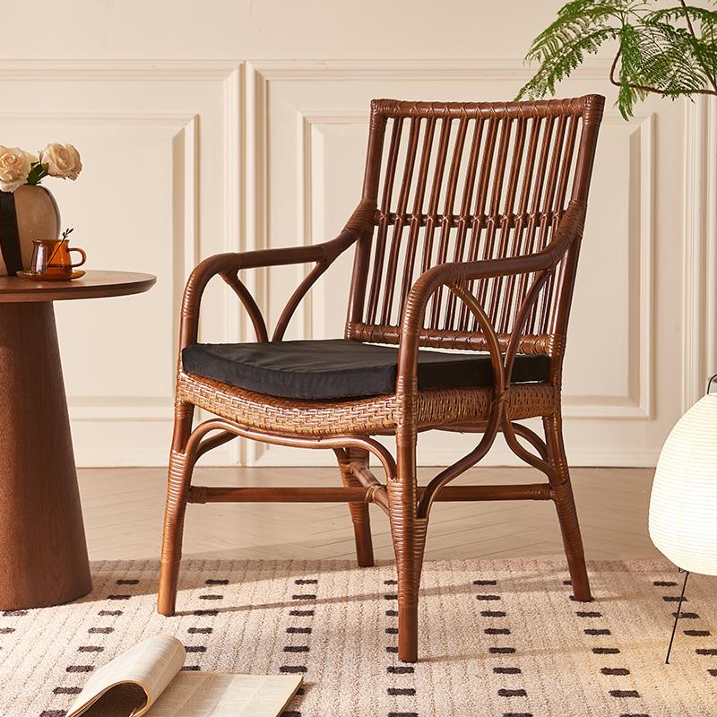东南亚复古藤椅家用靠背扶手藤编餐椅中古民宿咖啡厅餐厅休闲椅子