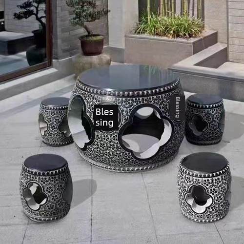 石雕蓝石桌石凳庭院花园别墅家居古董自然户外桌椅石桌套