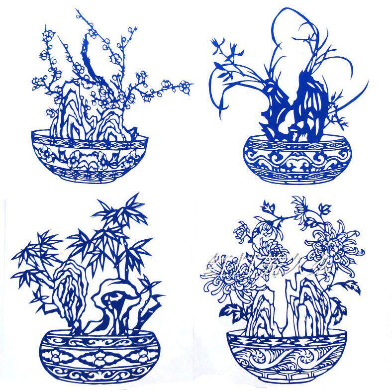 青花瓷梅兰竹菊23*21CM手工剪纸窗花窗贴装饰画礼品送朋友中国风