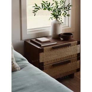 实木床头柜原木卧室中古风储物柜绳编装饰床边柜子覆古收纳床尾柜