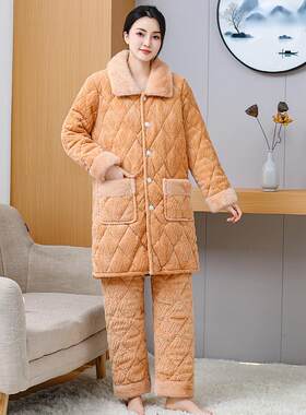 冬女士中长款睡衣三层夹棉加厚加绒保暖内衣长袍珊瑚绒家居服套装