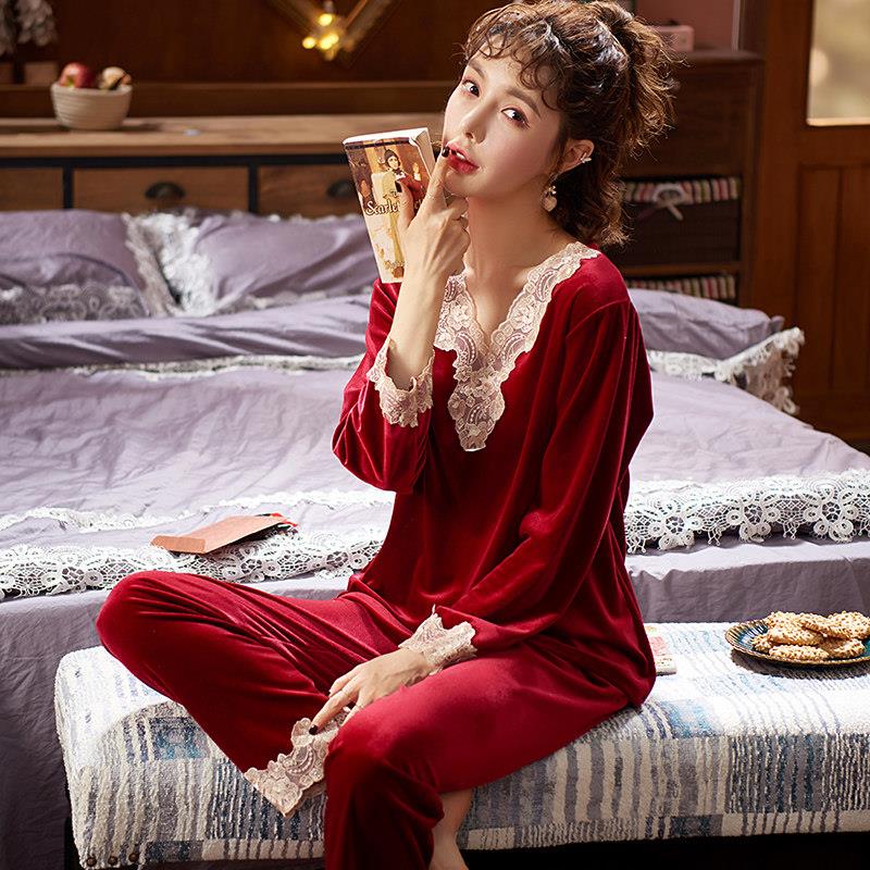 金丝绒睡衣女士春秋冬款套装喜庆红色本命年结婚新婚珊瑚绒家居服