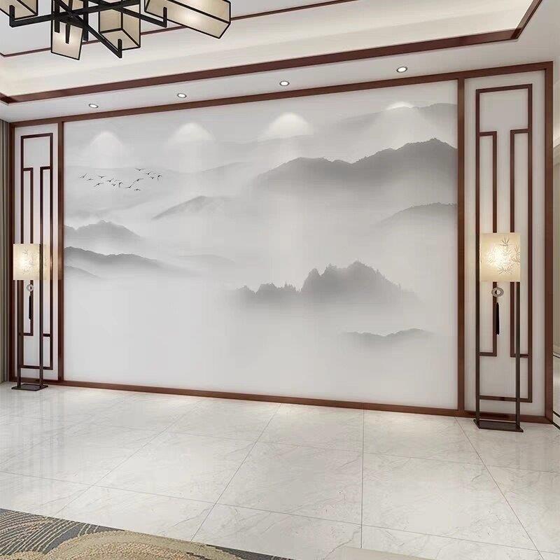 碳晶板新中式客厅竹木纤维电视背景墙现代简约集成墙板水墨山水画
