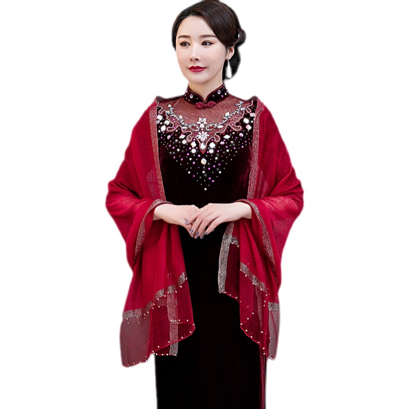 红色喜庆妈妈婚礼婚宴q装真丝羊毛旗袍披肩长款围巾外披薄款披肩