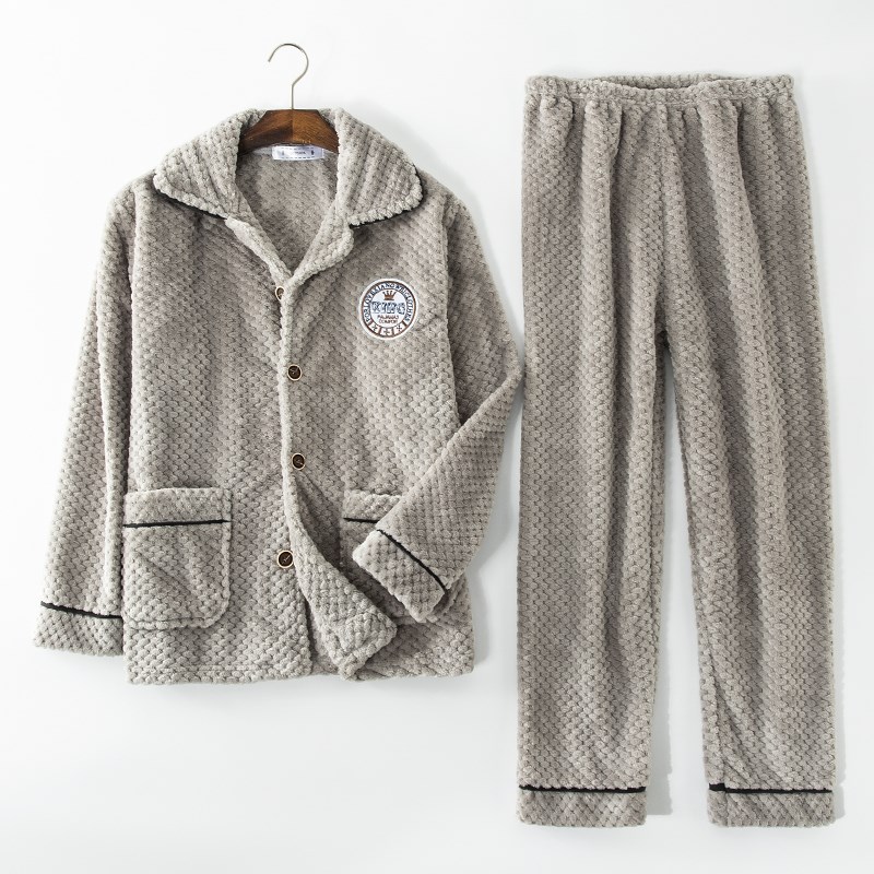 软乎乎的穿上狠暖和!男士珊x瑚绒睡衣套装秋冬款法兰绒家居服套装