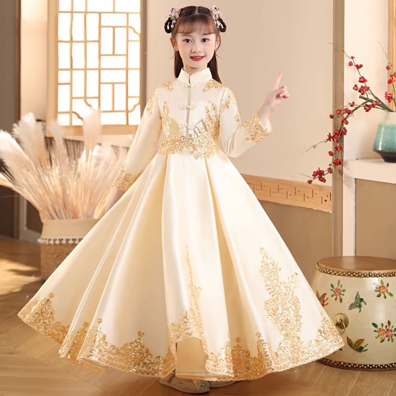中大童胖妹妹中式礼服古风汉服超仙公主裙秋冬P新款钢琴主持表演